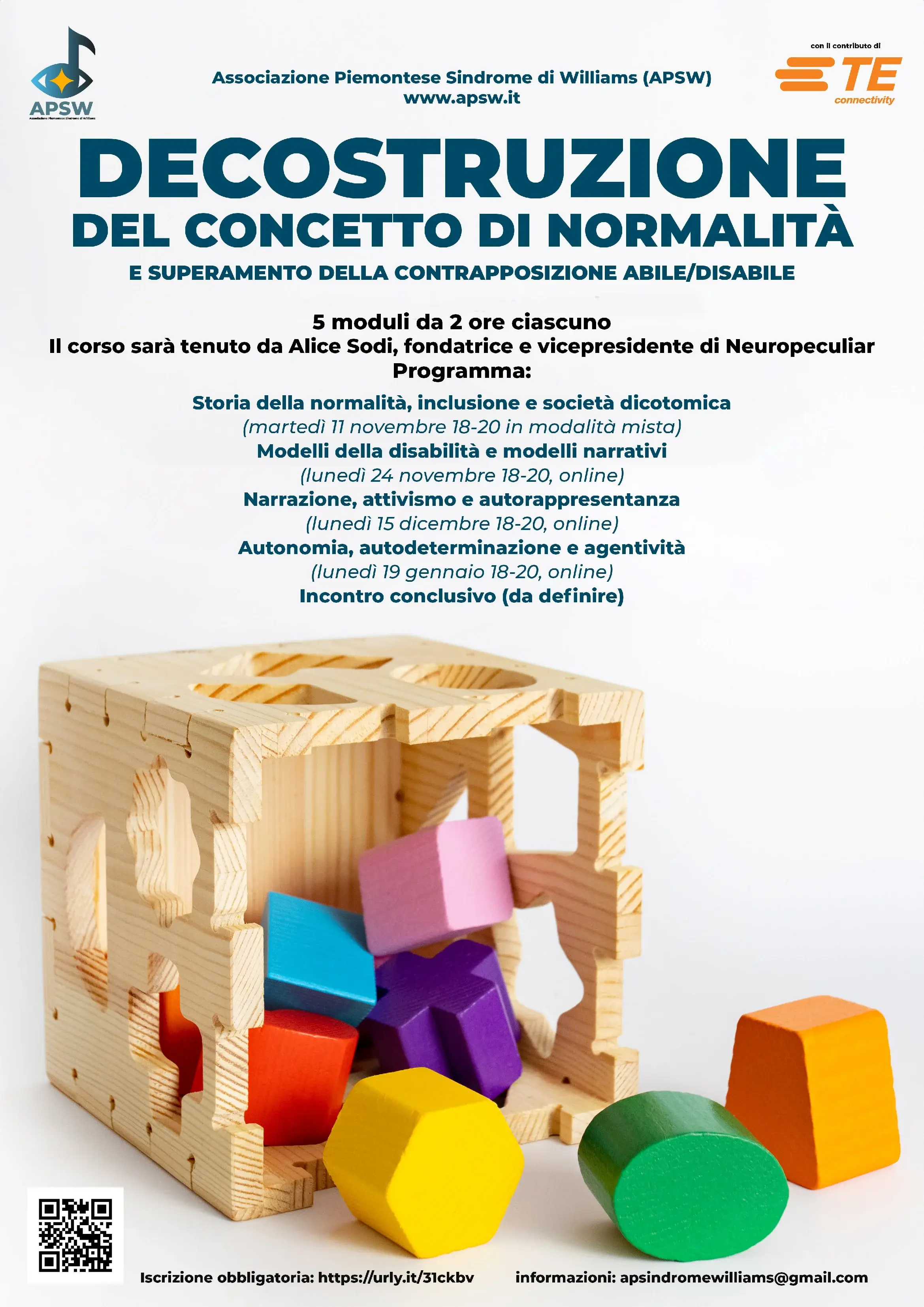 Locandina del ciclo formativo 'Decostruzione del concetto di normalità e superamento della contrapposizione abile/disabile', condotto da Alice Sodi, fondatrice e vicepresidente di Neuropeculiar. 5 moduli da 2 ore ciascuno.