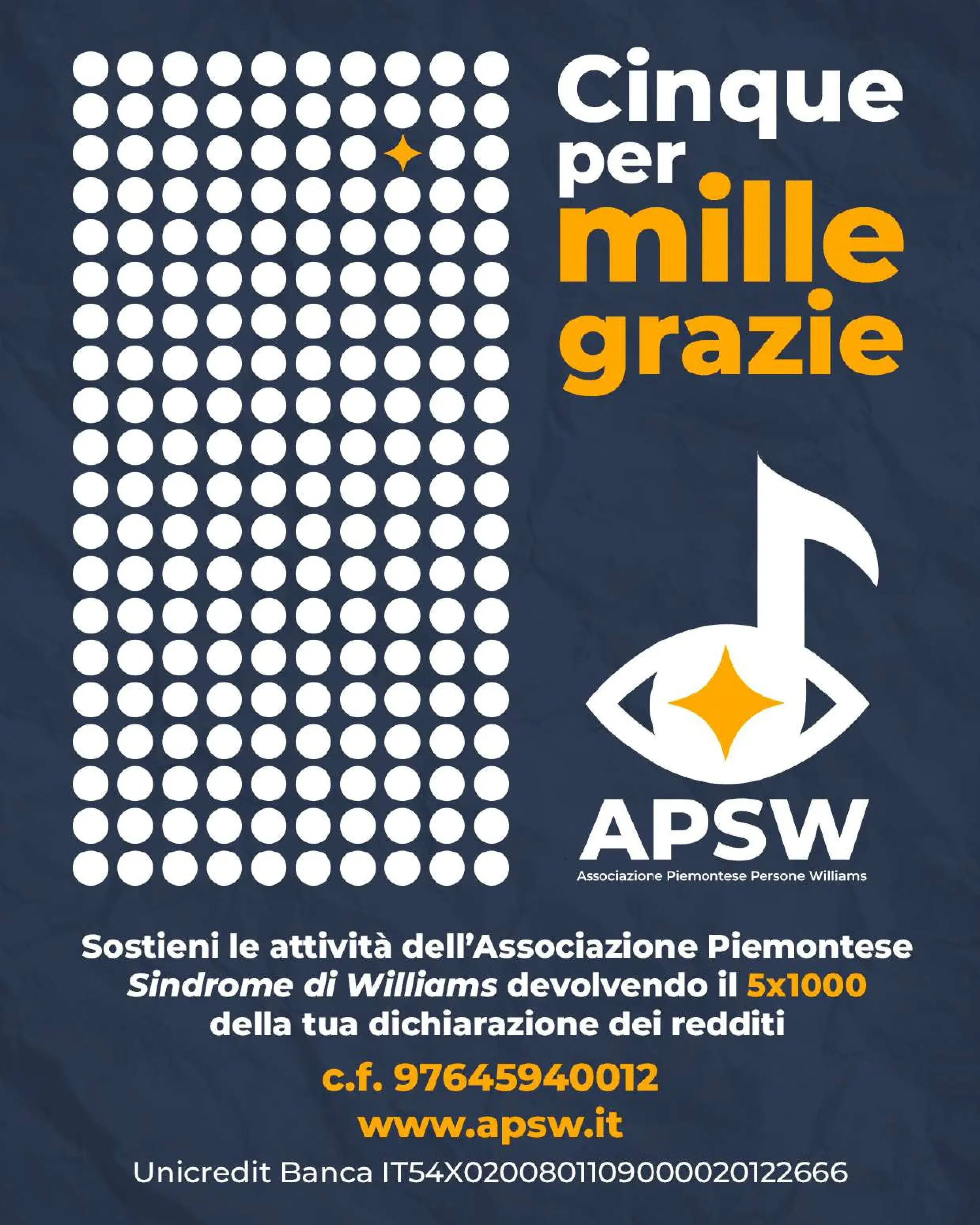 Locandina APSW per la devoluzione del 5x1000 — Codice Fiscale 97645940012